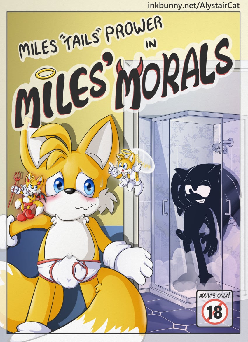 absurd_res alystaircat angel anthro blush briefs bulge canid canine clothed clothing comic cover cover_art cover_page demon duo erection erection_under_clothing eulipotyphlan footwear fox fur gloves handwear hedgehog hi_res male male/male mammal shower socks sonic_(series) sonic_the_hedgehog sonic_the_hedgehog_(series) tails underwear white_clothing white_underwear yaoi young