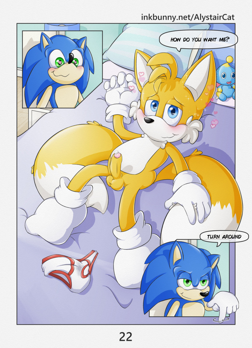 <3_eyes absurd_res alystaircat anthro balls beckoning blush bodily_fluids briefs canid canine clothing comic comic_page duo erection eulipotyphlan footwear fox fur genital_fluids genitals gesture gloves handwear heart hedgehog hi_res leaking_precum male male/male mammal nude penis presenting socks sonic_(series) sonic_the_hedgehog sonic_the_hedgehog_(series) tails underwear young