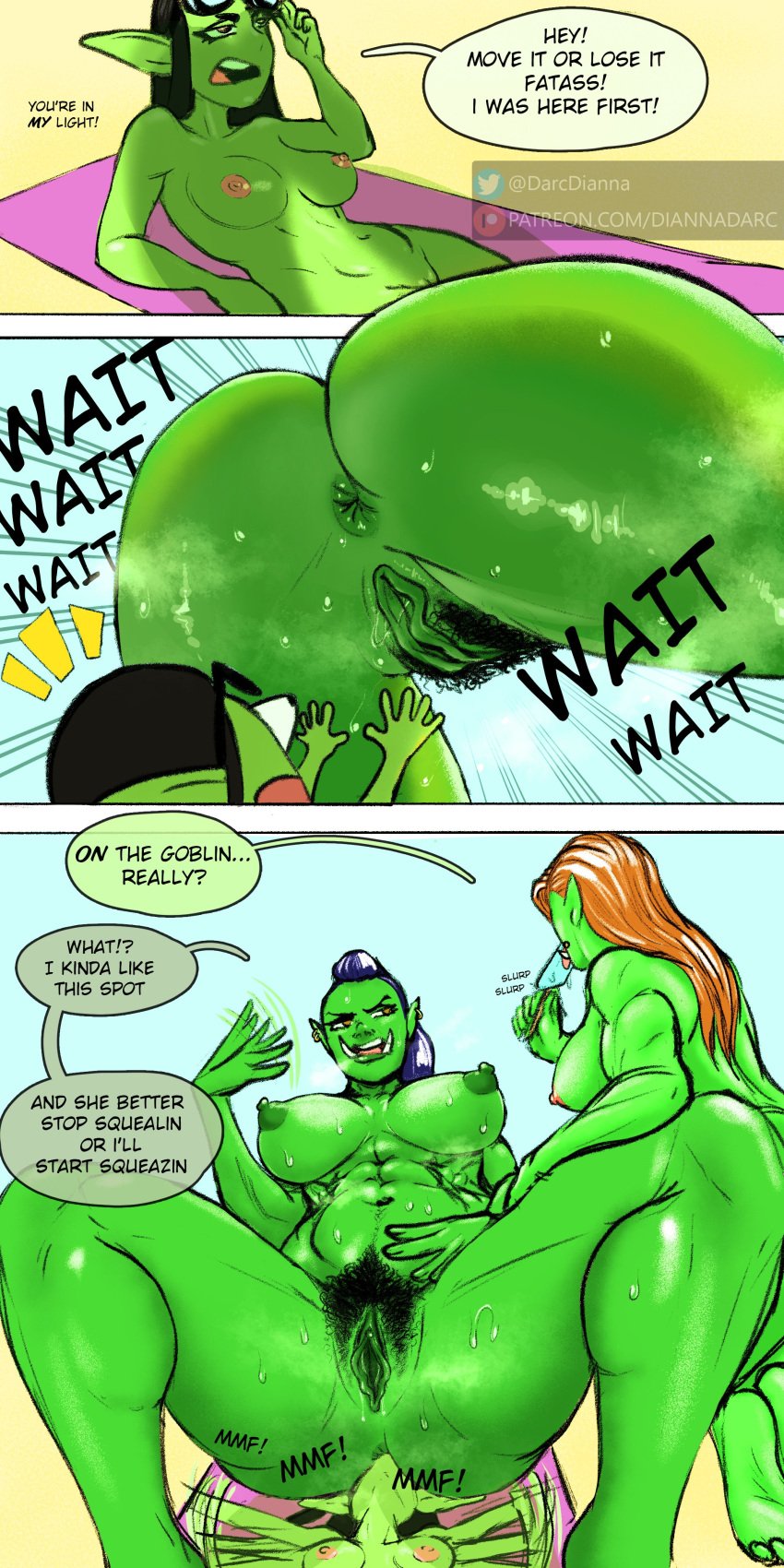 absurd_res anal anus ass big_butt bodily_fluids breasts comic dialogue diannadarc facesitting female female/female genitals goblin goblin_female green_body group hi_res humanoid insult larger_female nipples nude oral orc orc_female pubes pussy rimming sex sitting_on_another size_difference smaller_female sweat text thick_thighs trio tusks uncensored