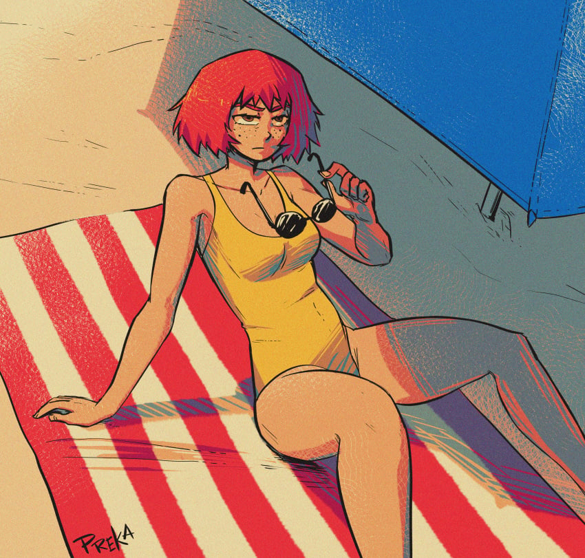 1girls beach beach_towel breasts clothed female huge_filesize kim_pine looking_at_viewer medium_breasts one-piece_swimsuit png preka red_hair scott_pilgrim solo sunglasses_removed swimsuit yellow_one-piece_swimsuit