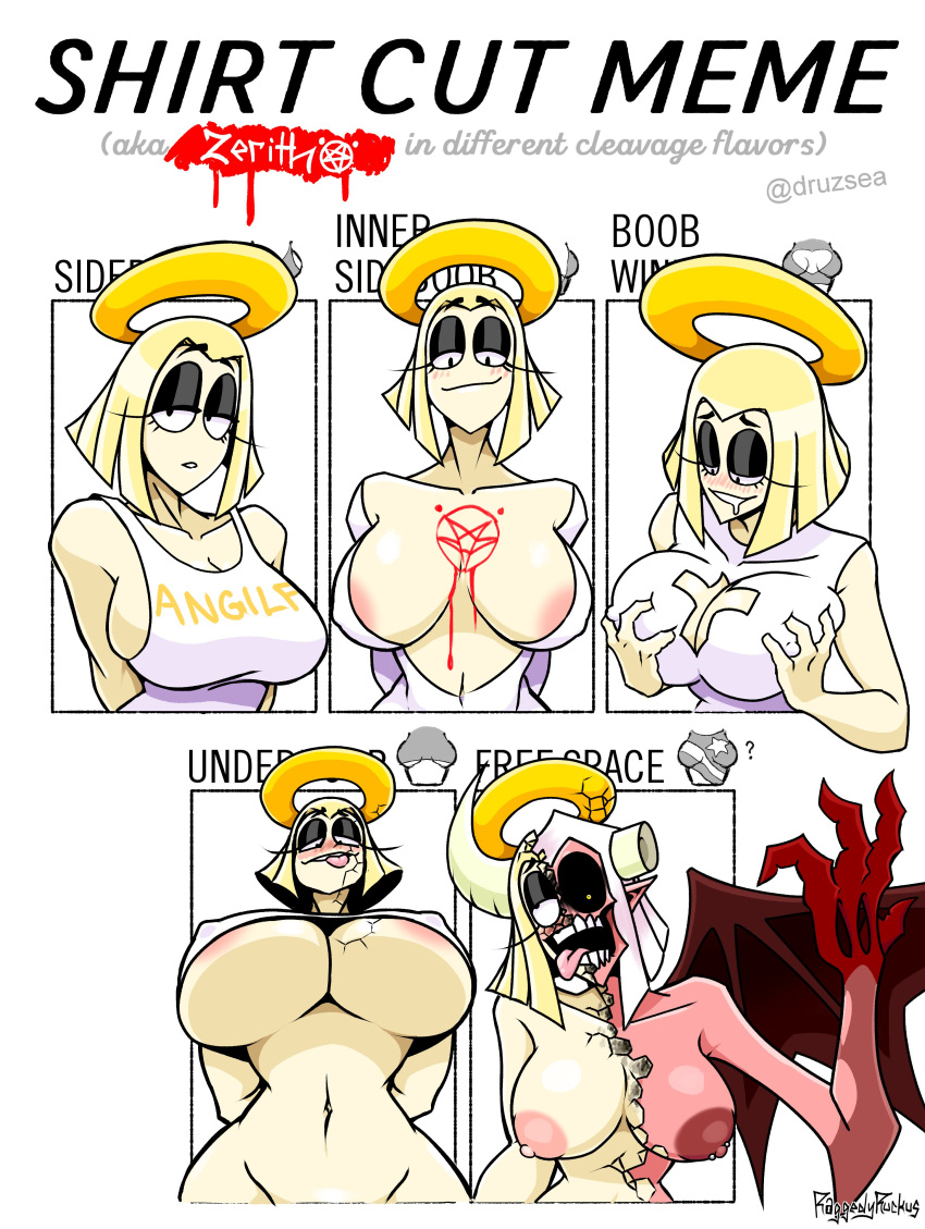 1girls 2d angel angel_girl areola_slip areolae blonde_hair blush boob_window breasts demon demon_girl demonic eyelashes halo horn horny_female huge_breasts lewd_expression nipples revealing_clothes scorchvx shirt_cut_meme short_hair sideboob topless touching_breast underboob zerith