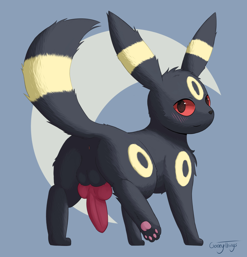 1boy absurd_res animal_genitalia animal_penis balls black_body black_fur blush blush_lines canine_genitalia canine_penis eeveelution feral fur generation_2_pokemon genitals gooeythings hi_res looking_at_viewer looking_back looking_back_at_viewer male male_only nintendo pawpads paws penis pokemon pokemon_(species) raised_leg red_eyes solo solo_male umbreon