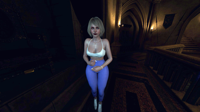 3d ashley_graham ashley_graham_(ella_freya) ass ass_bigger_than_head ass_cleavage ass_focus blonde_hair breast_press breasts chocker exposed_breasts gym_clothes gym_shirt gym_uniform high_hips hips leggings pale_skin pear_shaped pink_nipples resident_evil resident_evil_4 skinny slutty_outfit socks stockings thick_ass thick_thighs translucent