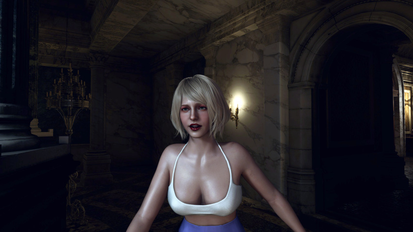 3d ashley_graham ashley_graham_(ella_freya) black_lipstick blonde_hair breast_focus breast_press breasts chocker clavicle exposed_breasts gym_clothes gym_shirt gym_uniform high_hips hips leggings pale_skin pear_shaped pink_nipples red_lipstick resident_evil resident_evil_4 skinny slutty_clothing slutty_outfit topwear translucent