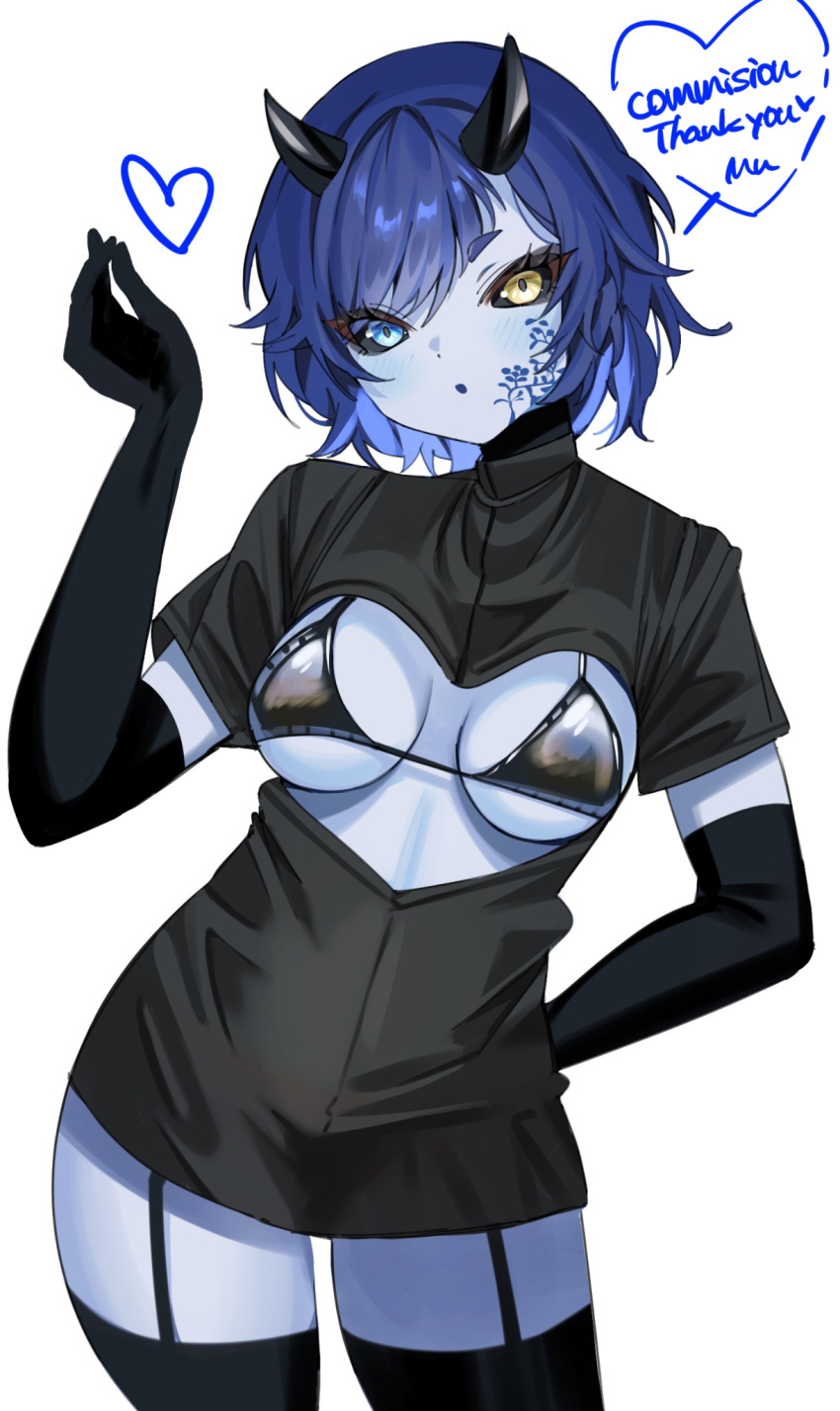 black_bra black_handwear black_legwear black_shirt blue_body blue_hair dialogue english_text heterochromia horn horns lady_saffron mu46016419 porcelain small_breasts