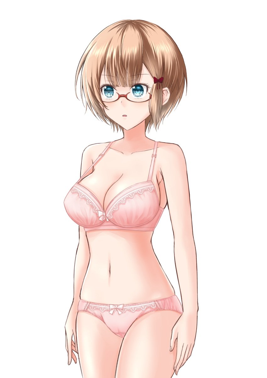 1girls bespectacled bokutachi_wa_benkyou_ga_dekinai bra breasts female female_only glasses mostly_nude ogata_rizu_(bokuben) panties short_hair solo standing underwear_only white_background