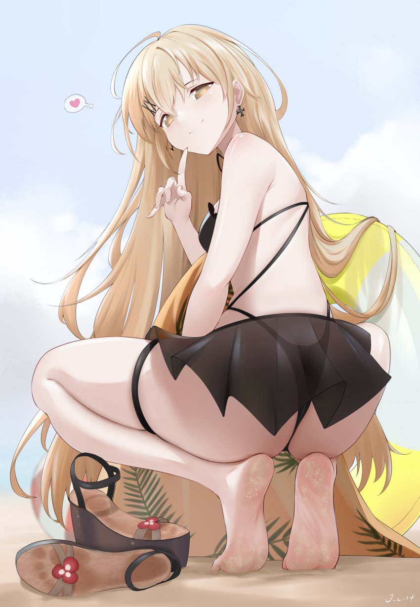 beach bikini closed_mouth dress feet floatie foot_fetish footprint_in_shoe footprint_on_sandals girls'_frontline huge_ass looking_back petite ppk_(girls_frontline) rear_view sand sand_on_foot sandals sandals_removed signature small_breasts smile soles spoken_heart squatting swimsuit