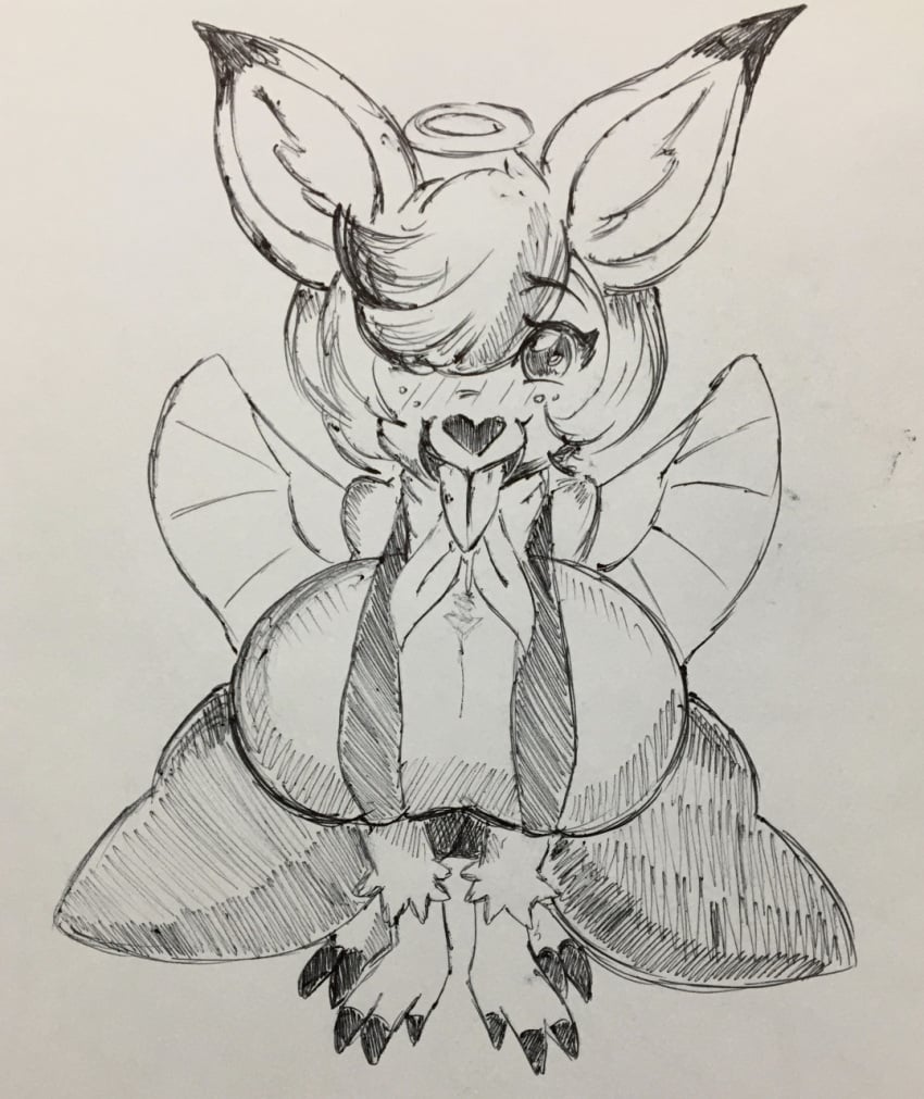 1girls angel anthro blush breasts cervid cherub clothing deer deerie_(helluva_boss) eyebrows eyelashes female freckles hair helluva_boss huge_breasts in_heat inner_ear_fluff looking_at_viewer monochrome pikapika212 smile solo tongue tongue_out vivienne_medrano wings