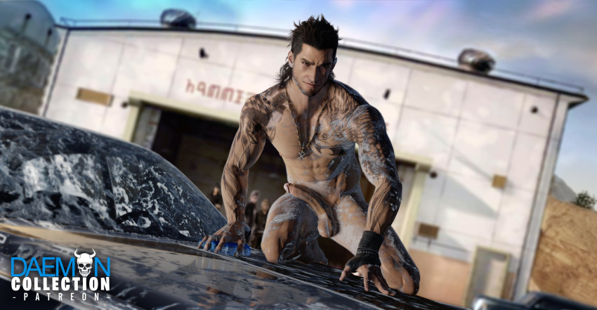 3d 3d_(artwork) 3d_model 4boys background_characters brown_hair car_wash clothed clothed_male clothed_male_nude_male daemoncollection final_fantasy final_fantasy_xv gladiolus_amicitia green_eyes ignis_scientia looking_at_viewer male male_focus male_only males_only naked naked_male noctis_lucis_caelum nude nude_male outdoor_nudity outdoors prompto_argentum smiling smiling_at_viewer soapy solo solo_focus square_enix tattooed_male tattoos washing washing_car