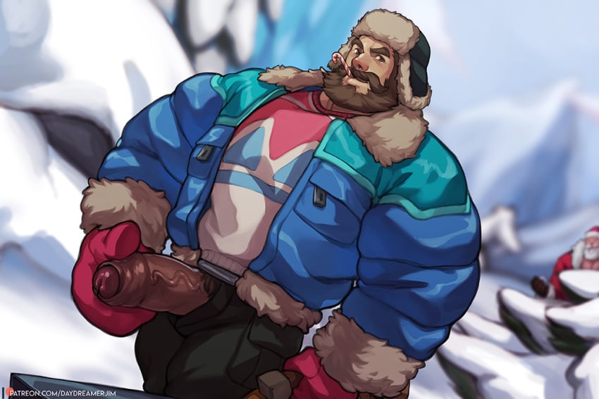 1boy beard belt blue_jacket braum brown_hair daydreamerjim erection facial_hair foreskin gloves hat jacket league_of_legends looking_at_viewer malcolm_graves male male_focus male_only mature_male moustache muscular muscular_male open_clothes open_jacket open_pants pants penis red_gloves santa_braum short_hair snow snow_day_graves snowdown_series snowdown_showdown_series solo uncensored veins veiny_penis winter_clothes