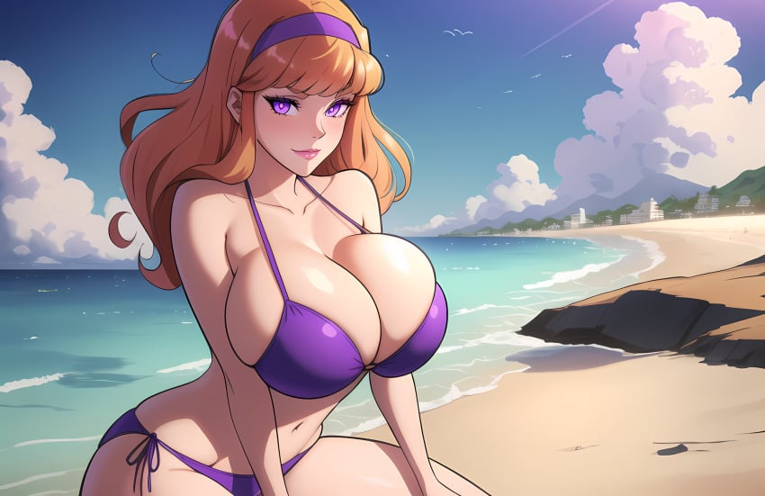 1girls ai_generated artist_request beach big_breasts bikini cleavage daphne_blake female female_only giant_breasts glare_(lighting) hairband hanna-barbera huge_breasts ocean orange_hair outside purple_bikini purple_eyes red_hair scooby-doo solo solo_female sun_glare thick_thighs warner_brothers