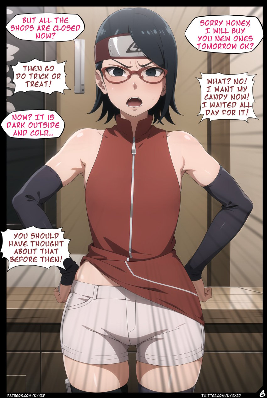 1girls 2d ai_generated boruto:_naruto_next_generations english_text female female_only glasses halloween halloween_costume medium_hair naruto naruto_(series) nyxworks page_6 right_to_left sarada_uchiha shorts solo succubus text