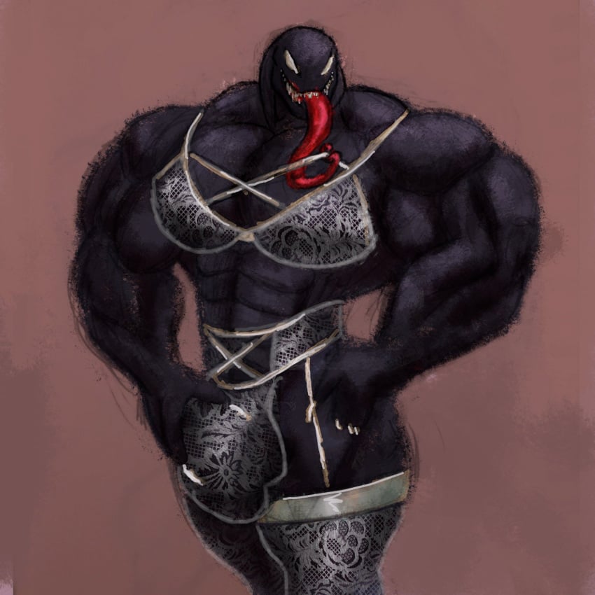 abs alien bara big_bulge big_muscles big_pecs bulge color crossdressing fondling fondling_self garter_belt garter_straps hand_on_bulge lace lace-trimmed_bra lace-trimmed_legwear lace_panties lingerie lingerie_only long_tongue male male_lingerie male_only marvel marvel_comics muscles muscular muscular_male no_humans non-human non-human_only pecs sharp_teeth silver_stag solo solo_male stockings symbiote tongue tongue_piercing venom venom_(marvel)