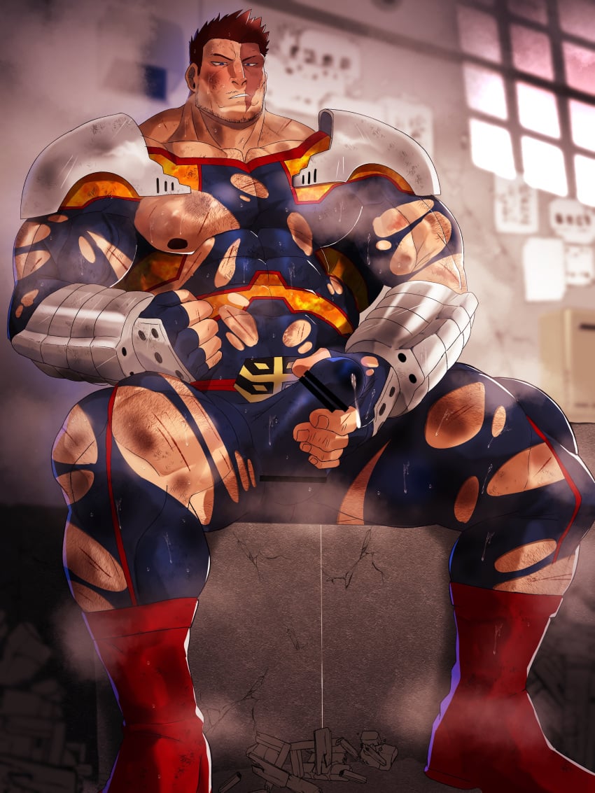 balls bar_censor bara blush boner censor_bar censored censored_genitalia censored_penis costume endeavor_(my_hero_academia) enji_todoroki erection erection_under_clothes facial_hair male male_only masturbation masturbation_through_clothing muscles muscular musk my_hero_academia oyatu55k penis precum precum_through_clothing red_hair ripped_clothing sitting solo solo_male superhero_costume sweat sweating