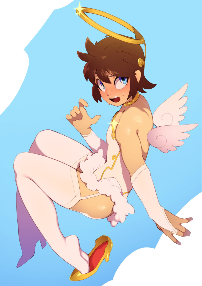 1boy angel angel_halo angel_wings ass blue_eyes blush bridal_gauntlets brown_hair combos-n-doodles crossdressing femboy feminine_male garter_straps girly gold_halo gold_high_heels high_heels kid_icarus male male_only nintendo otoko_no_ko pit pit_(kid_icarus) solo stockings sweat trap video_games