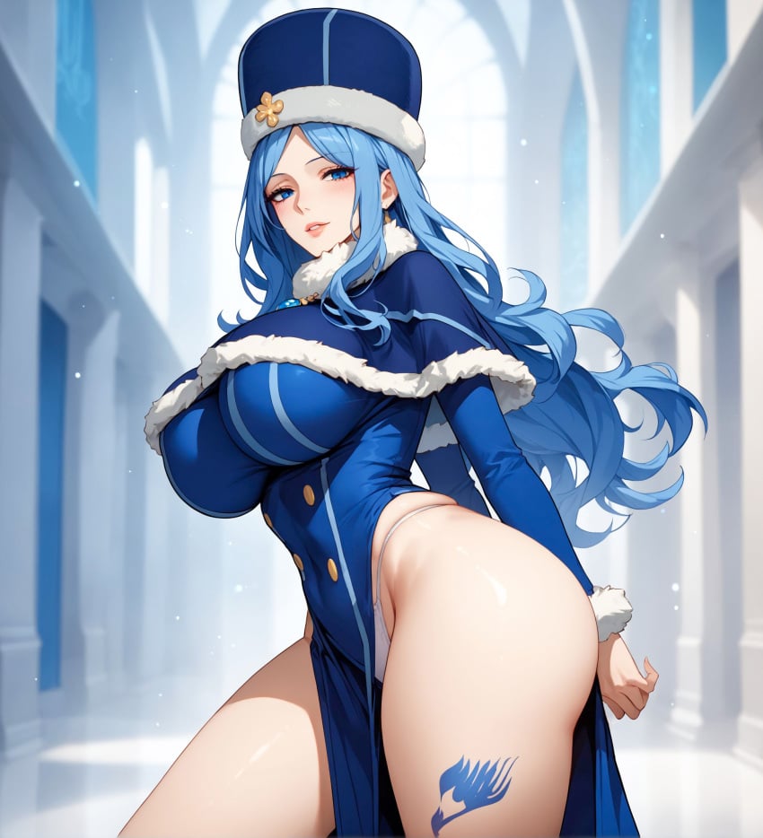 1girls ai_generated alex-schura arms_behind_back bangs blue_capelet blue_dress blue_eyes blue_hair blue_headwear blush breasts buttons capelet clothing covered_navel curvaceous curvaceous_female curvaceous_figure curvy curvy_figure dress eyelashes fairy_tail female female female_focus female_only fur-trimmed_capelet fur-trimmed_sleeves fur_trim hat headwear highleg highleg_panties indoors inviting inviting_to_sex jewelry juvia_lockser large_breasts leg_tattoo lips long_hair long_sleeves looking_at_viewer parted_bangs parted_lips pelvic_curtain seductive seductive_look seductive_smile sidelocks smile solo string_panties tattoo thick_thighs thighs underwear voluptuous voluptuous_female white_panties