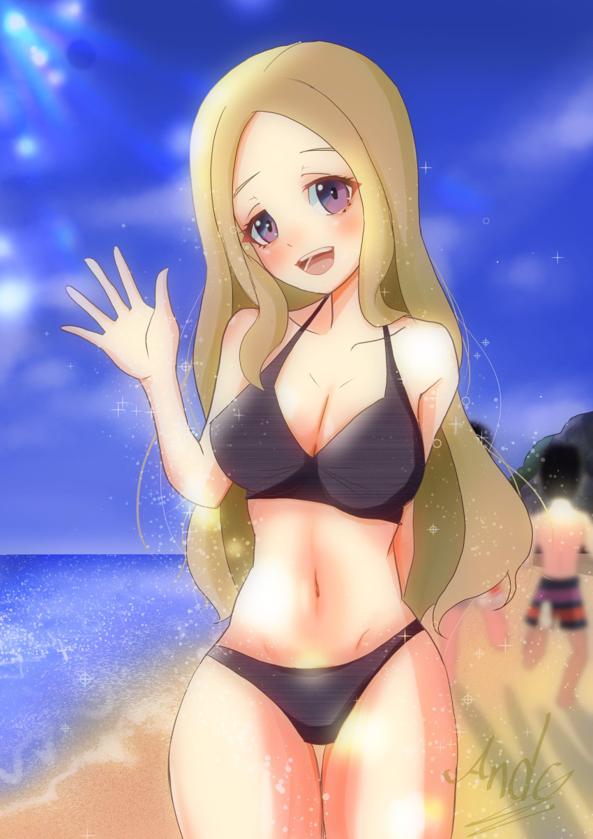 beach bikini blonde_hair blush long_hair mifune_chihaya persona persona_5 purple_bikini purple_eyes takeminaieeru waving waving_at_viewer