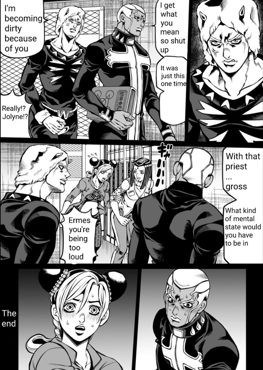 2boys 2girls blush comic dark-skinned_male dark_skin enrico_pucci ermes_costello jojo's_bizarre_adventure jolyne_kujo kidocch1 stone_ocean tagme weather_report