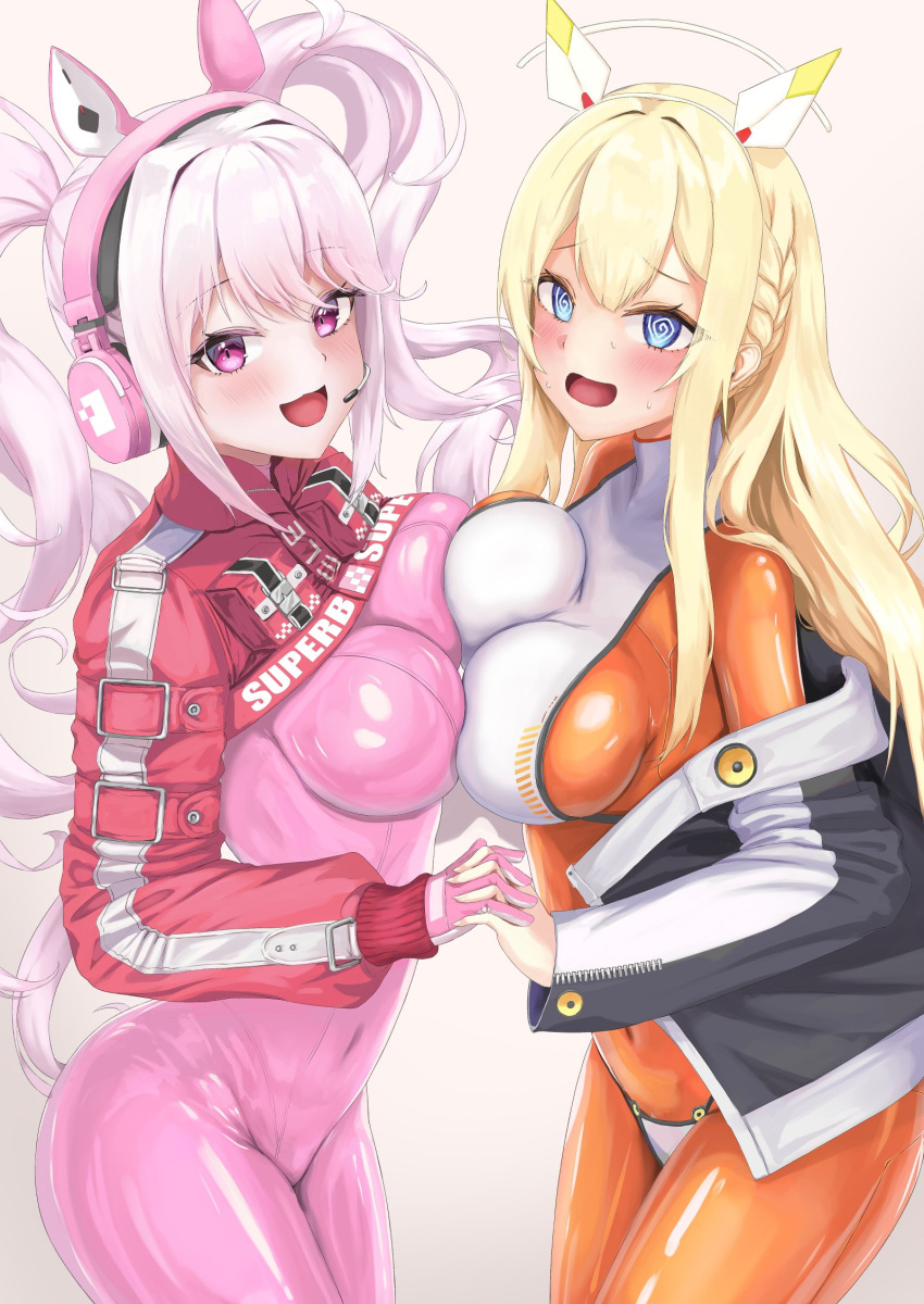 2girls :d @_@ alice_(nikke) animal_ear_headphones bikini bikini_bottom_only bikini_over_clothes blonde_hair blue_eyes blush bodysuit braid breasts covered_navel crop_top cropped_jacket fake_animal_ears gloves goddess_of_victory:_nikke grey_jacket hair_between_eyes headgear headphones headset holding_hands hood hood_down hooded_jacket impossible_bodysuit impossible_clothes interlocked_fingers jacket large_breasts latex latex_bodysuit long_hair multicolored_jacket multiple_girls off-shoulder_jacket off_shoulder open_mouth orange_bodysuit pink_bodysuit pink_eyes pink_gloves pink_hair red_jacket sidelocks skin_tight smile tachibana_yuu_(shika) tove_(nikke) twintails two-tone_jacket white_gloves white_jacket