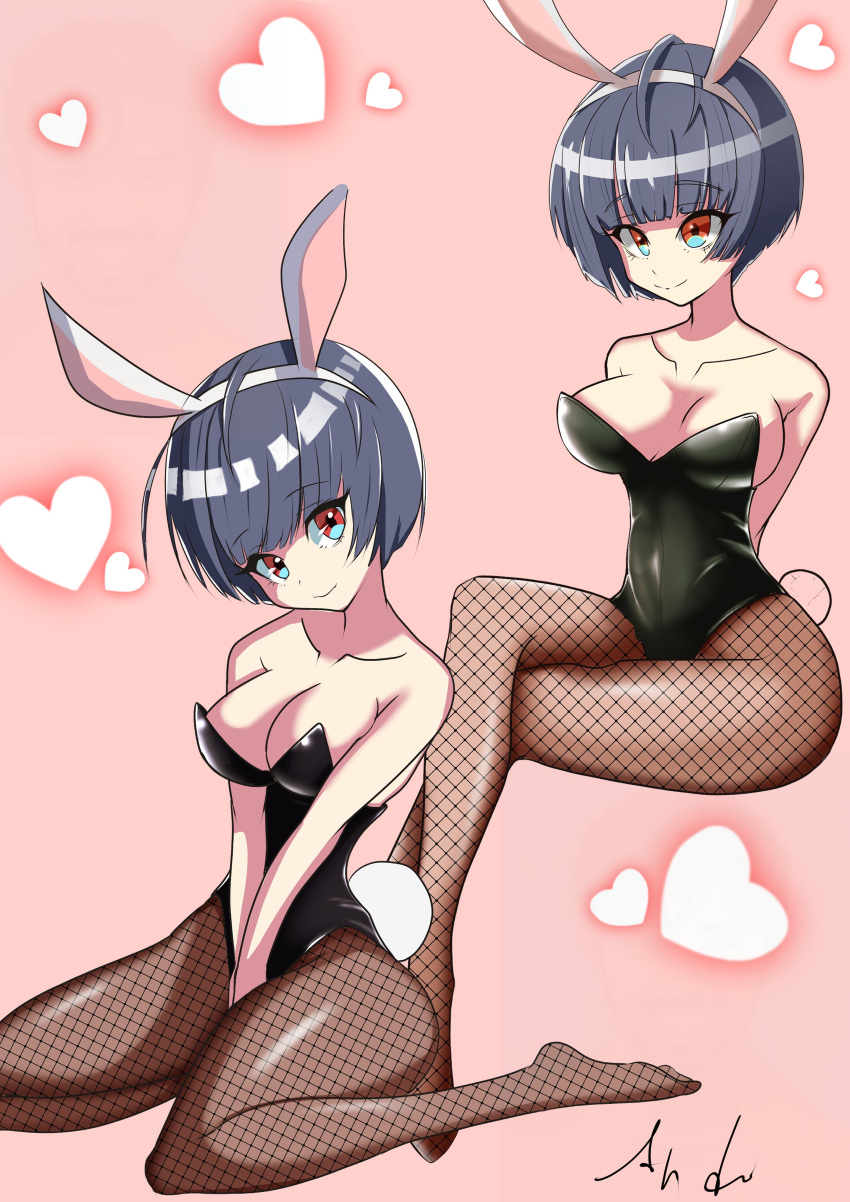 1girls blue_hair bunny_ears bunnysuit heart persona persona_5 pink_background red_eyes short_hair tae_takemi takeminaieeru