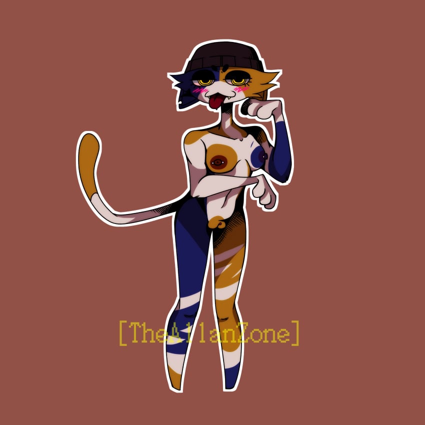 anthro anthro_only beanie beanie_hat blush calico_cat calico_cat_humanoid calico_pattern cat_ears cat_tail catgirl fortnite fortnite:_battle_royale meow_skulls_(fortnite) nipple_piercing pierced_nipples pussy smirk tongue tongue_out yellow_eyes zoned_(artist)