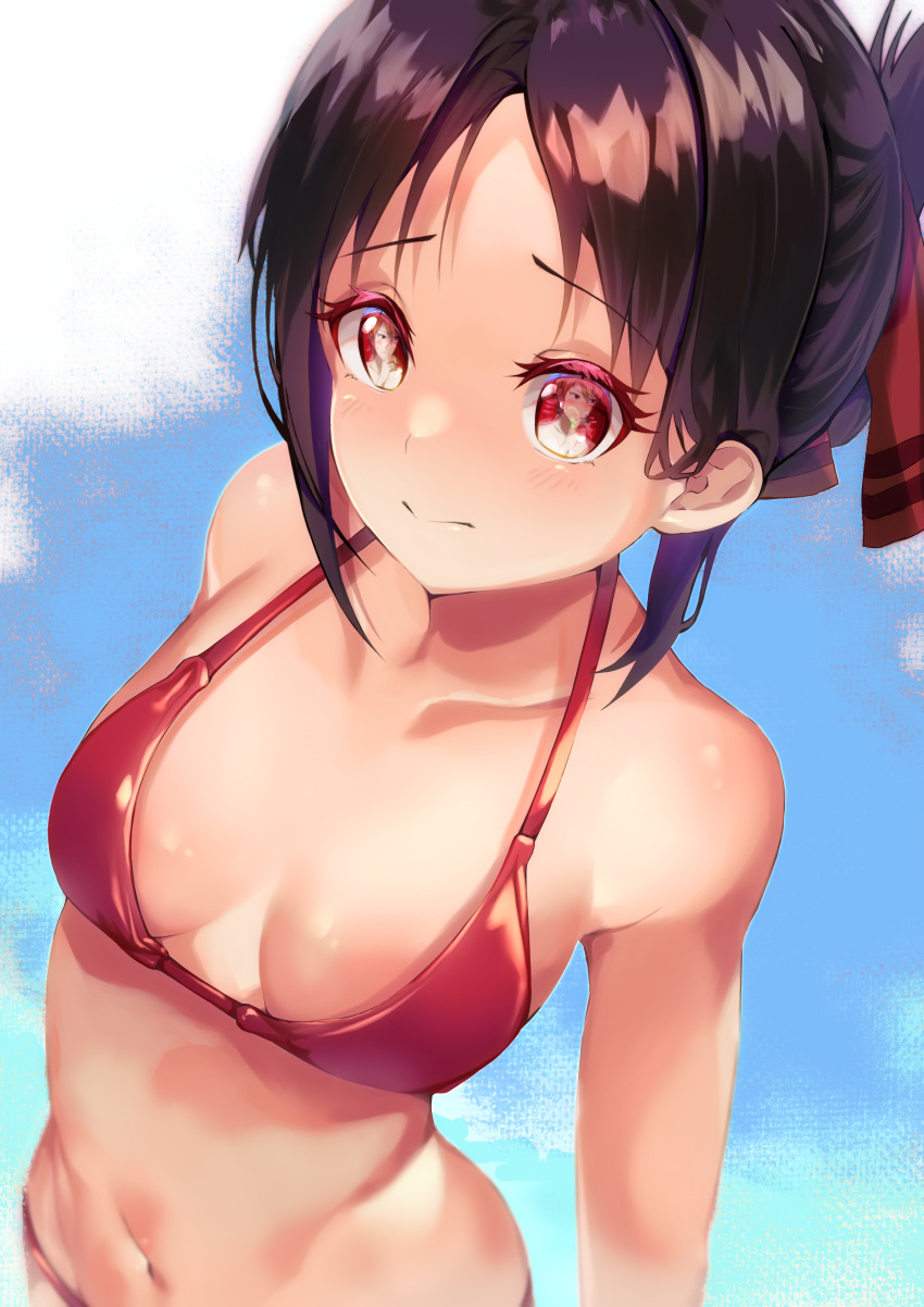 1girls arms_behind_back artist_request belly_button bikini black_hair breasts_apart closed_mouth cloud clouds eye_reflection eyebrows eyebrows_visible_through_hair female female_only hair_ornament hair_over_shoulder high_resolution highres hips human kaguya-sama_wa_kokurasetai_~tensai-tachi_no_renai_zunousen~ long_hair looking_at_partner looking_at_viewer navel red_bikini red_eyes shinomiya_kaguya simple_background sky small_breasts solo tied_hair very_high_resolution