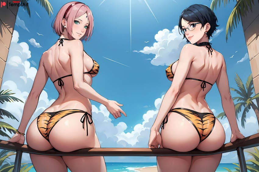 2girls adult age_difference aged_up ai_generated animal_print ass ass_focus back_view beach big_ass bikini bikini_bottom bikini_top black_eyes black_hair boruto:_naruto_next_generations boruto:_two_blue_vortex dat_ass eyewear female female_only from_behind glasses green_eyes huge_ass long_hair looking_at_viewer looking_back looking_back_at_viewer mature mature_female milf mother_and_daughter multiple_girls nai_diffusion naruto naruto_(series) outdoors pink_hair presenting presenting_ass railing rear_view revealing_swimsuit sakura_haruno sarada_uchiha short_hair sideboob sitting sitting_on_railing smile stable_diffusion swimsuit take_your_pick teenager temptart tiger_print tiger_print_bikini