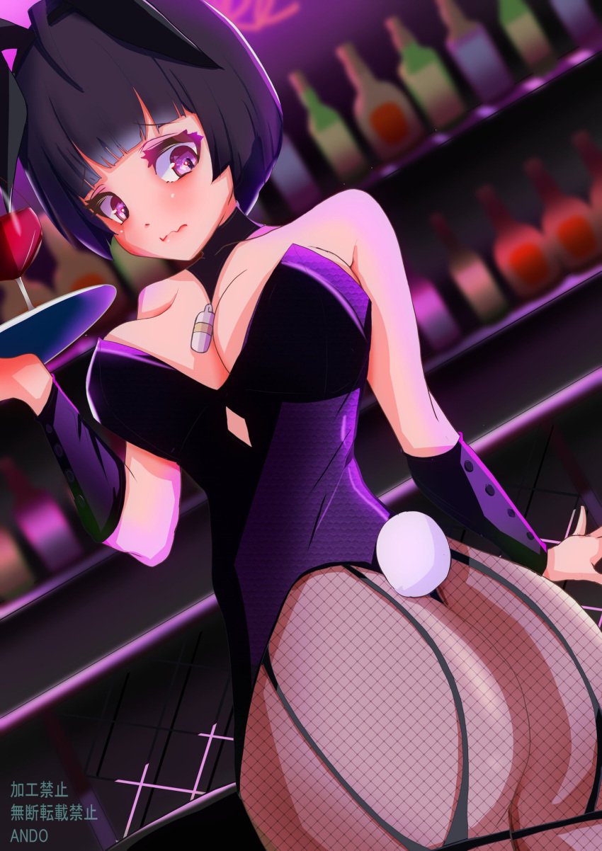 ass bad_anatomy bar big_breasts black_hair blush bunny_ears bunnysuit embarrassed goth persona persona_5 purple_eyes serving_tray short_hair tae_takemi takeminaieeru