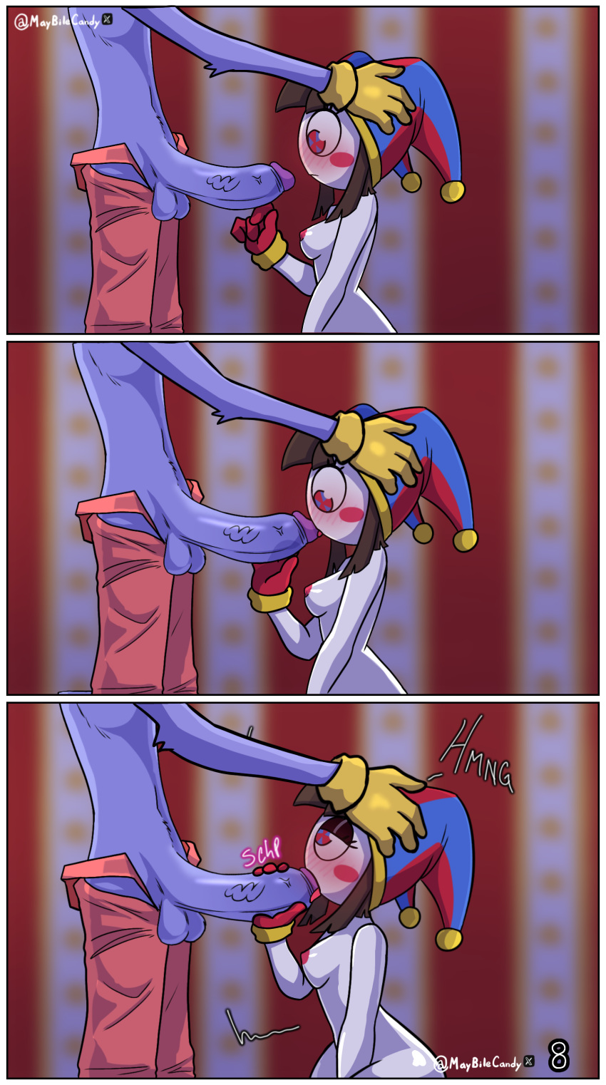 blowjob cute fellatio female jax_(the_amazing_digital_circus) jester jester_hat male pomni_(the_amazing_digital_circus) purple_skin straight text text_box text_bubble the_amazing_digital_circus the_welcome_gift twitter twitter_username