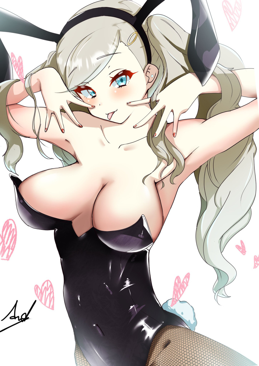 ann_takamaki arms_up blonde_hair blue_eyes blush bunny_ears bunnysuit heart persona persona_5 takeminaieeru tongue_out white_background