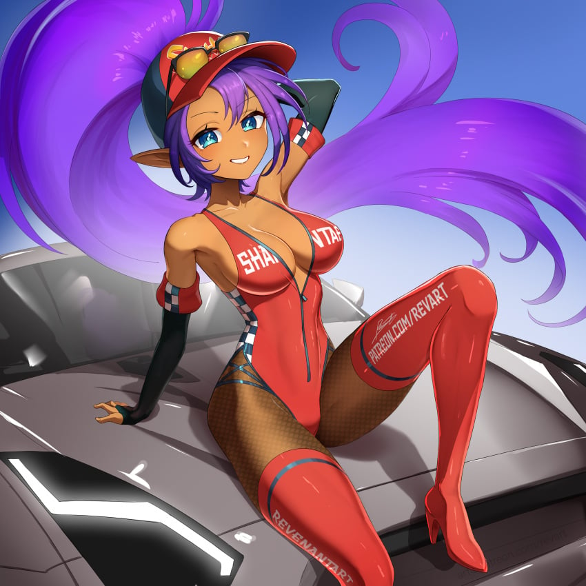 1girls bodysuit cap cleavage dark-skinned_female female female_only fishnets genie genie_girl glasses high_heel_boots leotard posing race_queen revenantart shantae shantae_(character) solo sports_car thighhigh_boots