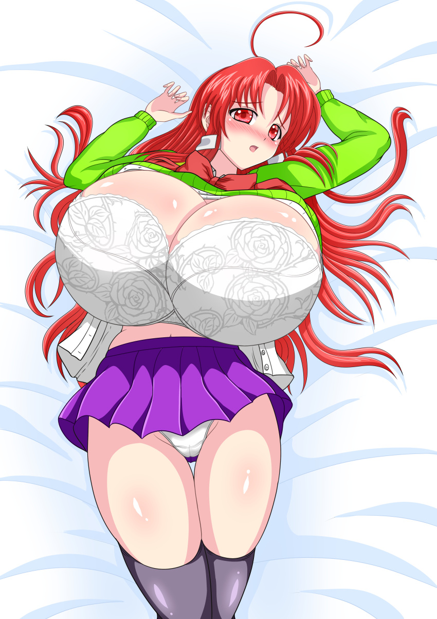 1girls blush bra chiharu_shinonome cleavage eiken full_body gigantic_breasts huge_breasts laying_on_back long_hair open_mouth panties red_eyes red_hair steaming_body sweat