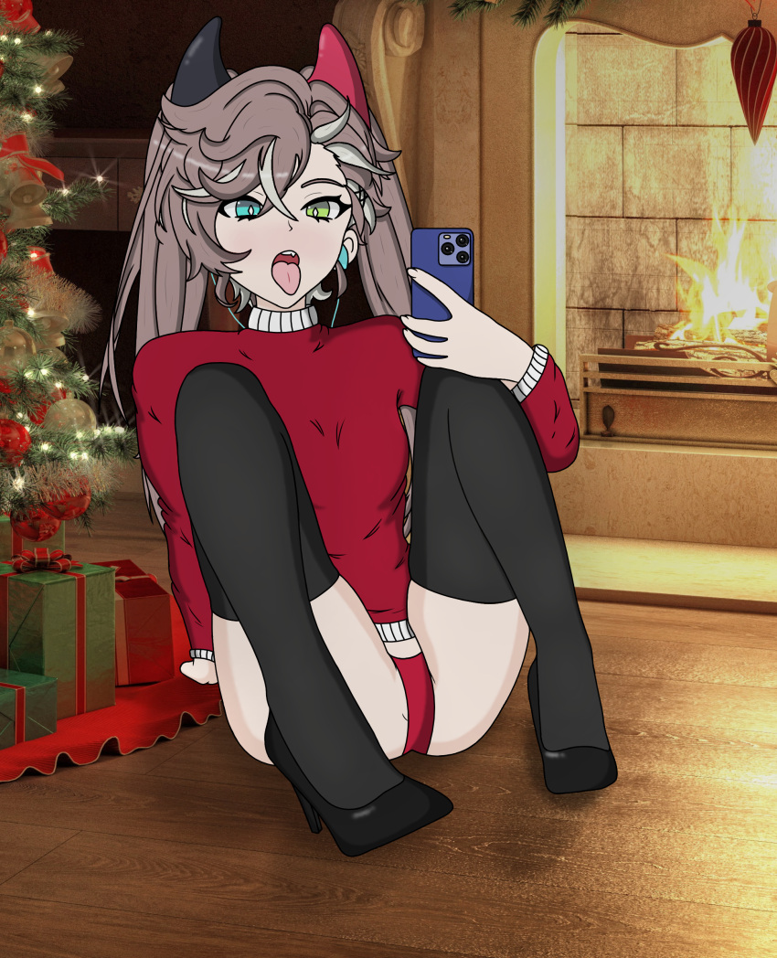 an_hydrolyst blue_eyes choker christmas de_lisle_(girls'_frontline) de_lisle_(girls_frontline) girls'_frontline green_eyes heels heterochromia red_sweater selfie thighhighs