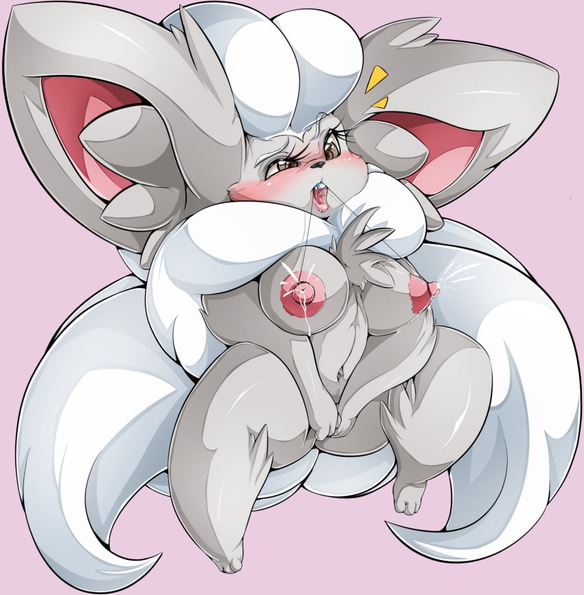 anthro belly_button big_ears blush breasts buckteeth chinchilla cinccino covering_crotch erect_nipples fur furry hi_res lactation nipple_string open_mouth pokémon_(species) pokemon saliva string suddenhack tagme tail thick_thighs tongue tuft
