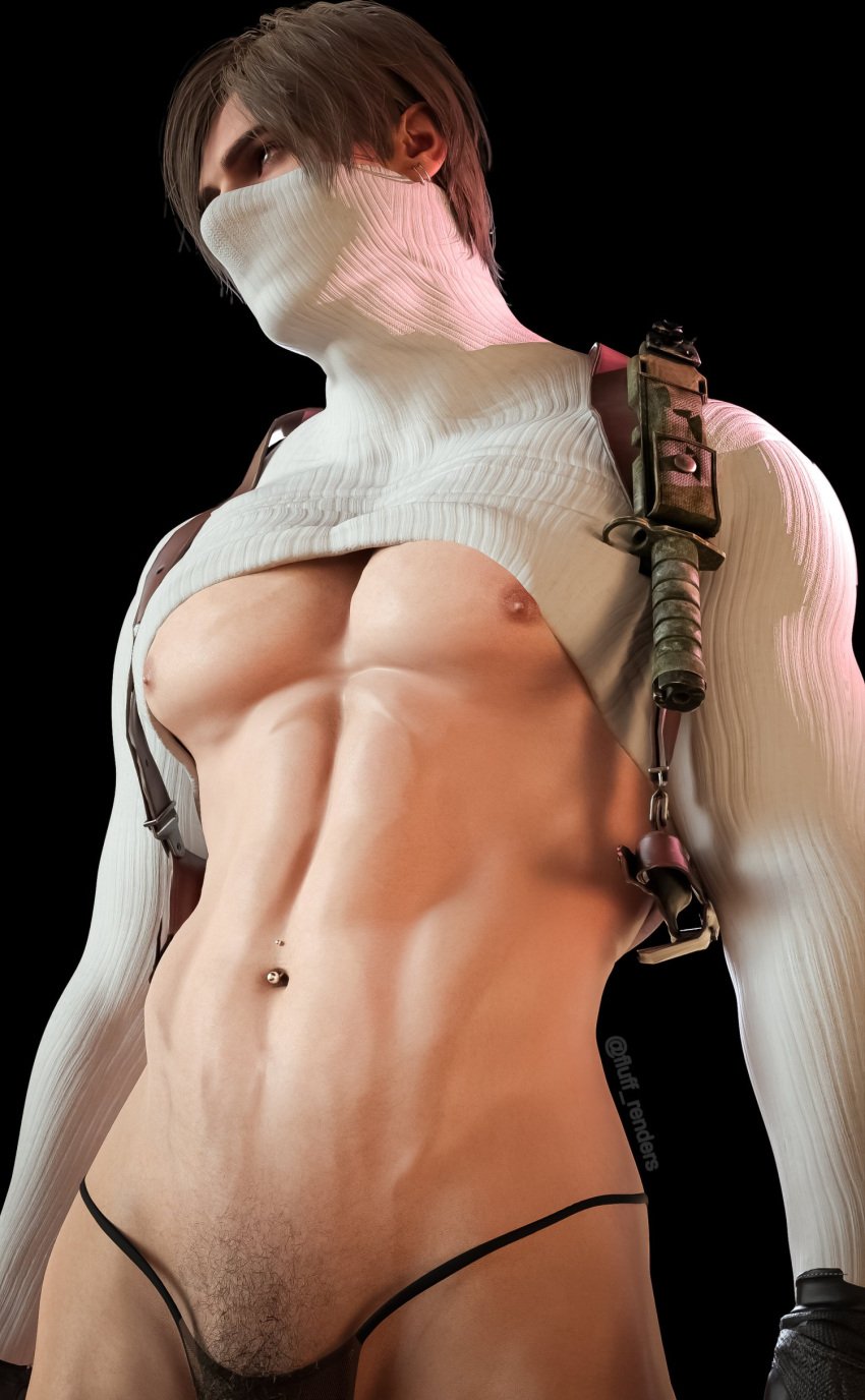 abs belly_piercing blonde_hair blue_eyes capcom earring fluff_renders_(artist) lean_body lean_muscle leon_scott_kennedy male male_focus male_only male_pov masked masked_male nipples piercing pubic_hair pubic_stubble resident_evil resident_evil_4 resident_evil_4_remake scantily_clad skimpy skimpy_clothes skimpy_topwear solo_male string_bikini