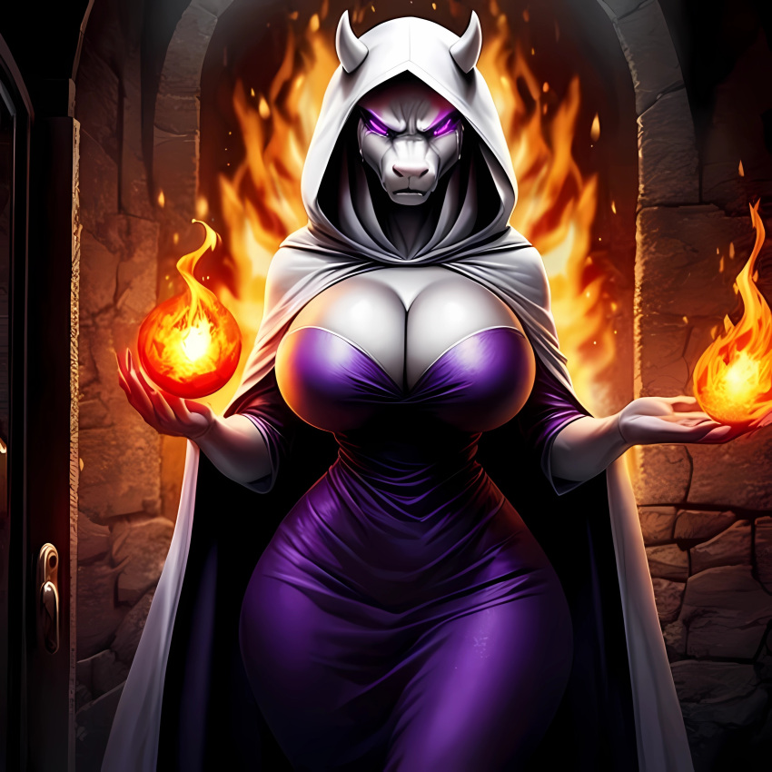 1girls 2d ai_generated angry anthro big_breasts cleavage color crying fire fire_magic flames furry hooded_cloak horns large_breasts no_nude purple_dress purple_eyes sad safe_for_work slender solo tagme tears toriel undertale undertale_(series) wide_hips