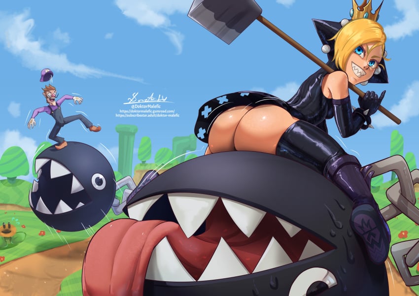 1boy 1girls background big_ass blonde_hair blue_eyes canine chain_chomp chains color colored crown doktor_malefic implied_penetration implied_sex latex latex_gloves latex_suit latex_thighhighs looking_at_viewer looking_back mario_(series) mario_tennis moustache reverse_cowgirl_position riding riding_penis sharp_teeth shocked shocked_expression shortstack small_breasts smaller_female smile smiling smiling_at_viewer sweat sweating thick thick_ass thick_thighs thighhighs thighs tongue tongue_out waluigi wapeach