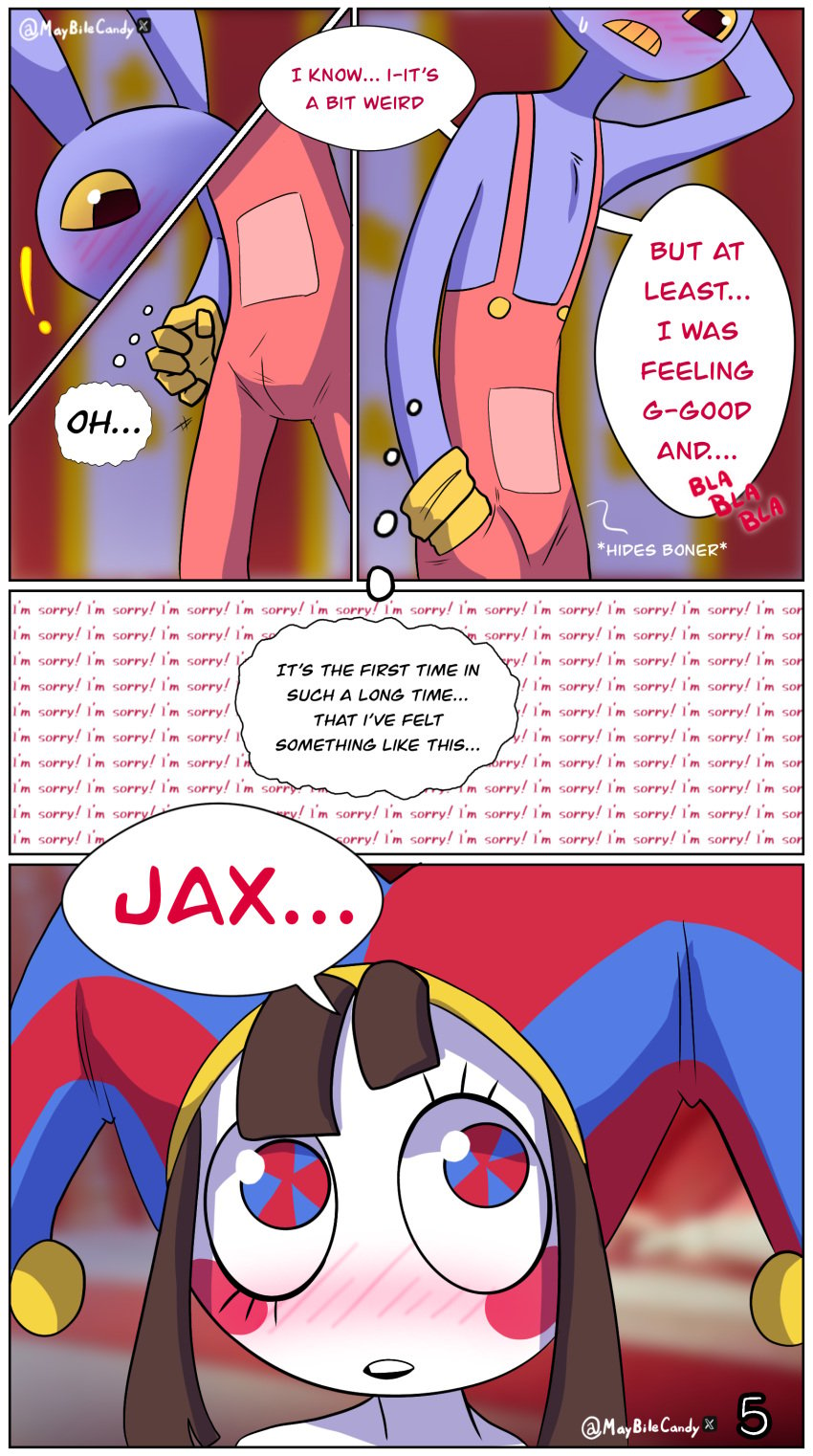 ass clothed_sex clown comic comic_page digital_circus_comic english english_text gloves jax_(the_amazing_digital_circus) jester jester_hat maybile maybilecandy pomni_(the_amazing_digital_circus) text text_box text_bubble the_amazing_digital_circus the_welcome_gift twitter twitter_username