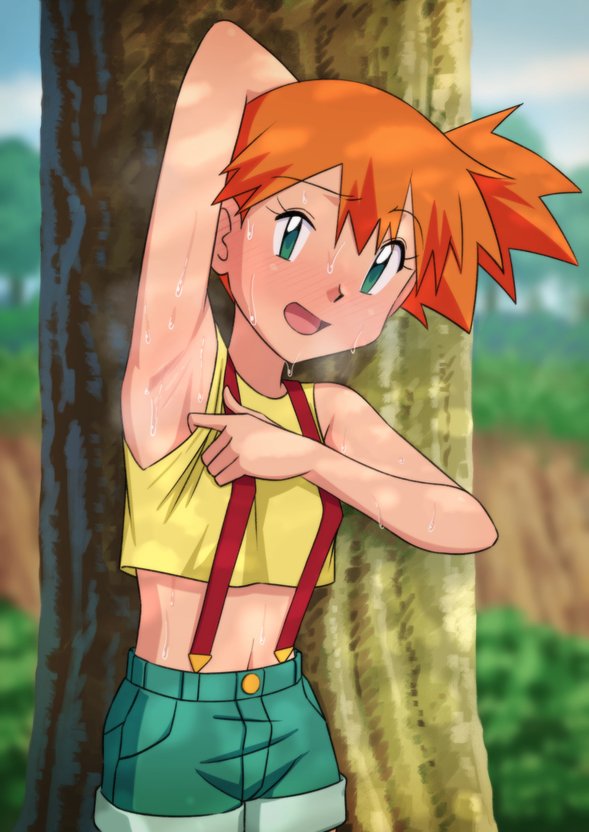 1girls armpit armpit_fetish crop_top female female_only kasumi_(pokemon) miraa_(chikurin) misty_(pokemon) pokemon pokemon_(anime) pokemon_(classic_anime) shorts side_ponytail small_breasts solo suspenders sweatdrop sweating sweating_profusely