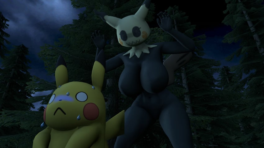 16:9 2023 3d_(artwork) anthro baek-myo big_breasts black_body black_skin bodily_fluids breasts digital_media_(artwork) duo featureless_breasts female feral generation_1_pokemon generation_7_pokemon genitals hi_res looking_at_another male mimikyu night nintendo nude pikachu plant pokemon pokemon_(species) pokemorph pose pussy scared source_filmmaker sweat tail tree widescreen yellow_body yellow_skin