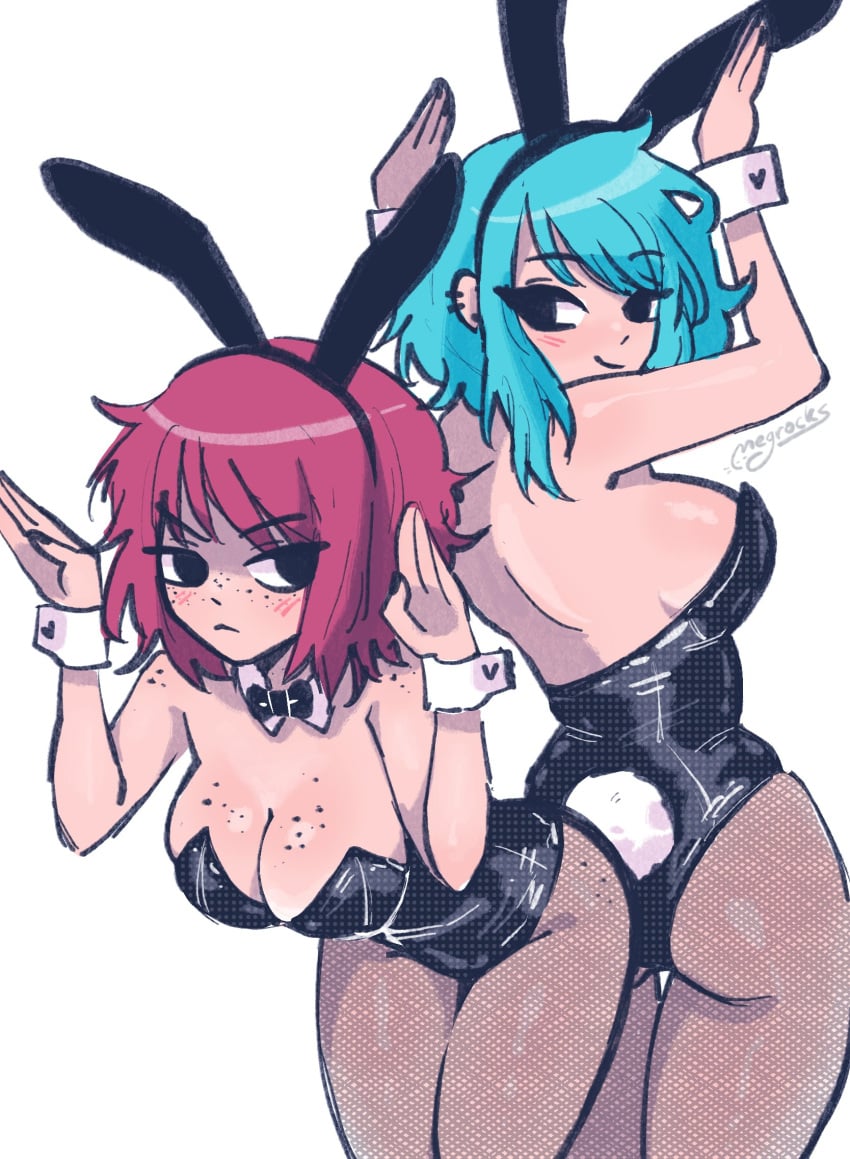 2girls arms_up bare_shoulders black_eyes black_nails blue_hair blush bunny_ears bunny_tail bunnysuit female female_only fishnet_legwear fishnet_pantyhose fishnets freckles freckles_on_ass freckles_on_breasts freckles_on_face freckles_on_shoulders kim_pine looking_back megrocks nail_polish pantyhose ramona_flowers rear_view red_hair scott_pilgrim short_hair