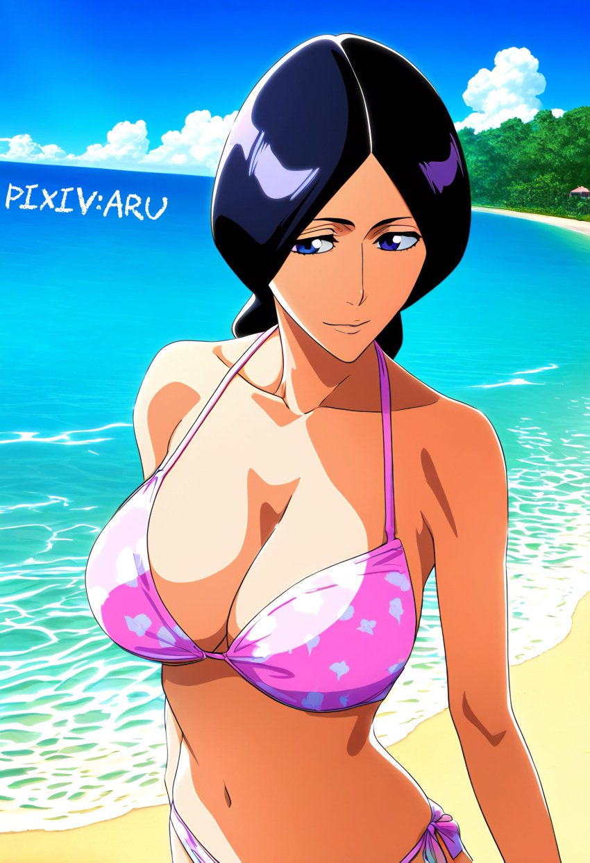 1girls ai_generated artist_name aru117 beach big_breasts bikini bikini_top black_hair bleach bleach:_the_thousand-year_blood_war breasts cleavage commentary female female_only huge_breasts light-skinned_female light_skin looking_at_viewer mature mature_female mature_woman midriff milf nai_diffusion ocean oppai outdoors pinup pixiv_username revealing_swimsuit sand seaside seductive seductive_look seductive_smile skimpy skimpy_bikini smile solo solo_focus stable_diffusion unohana_retsu upper_body water watermark