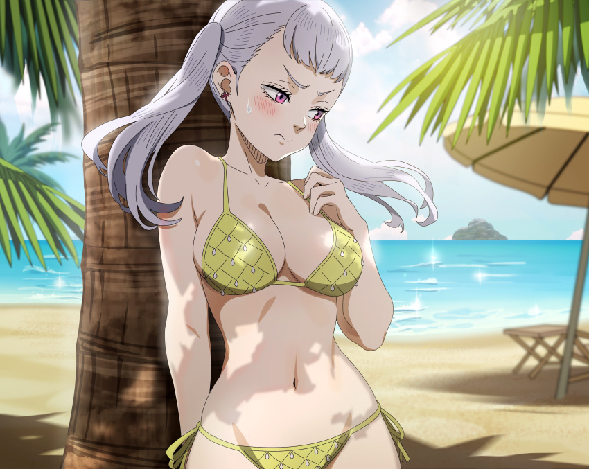 1girls 3: absurd_res beach bellybutton big_breasts bikini black_clover blush breasts cleavage curvy embarrassed grey_hair hi_res large_breasts midriff noelle_silva ocean official_art outdoors outside purple_eyes shadow silver_hair skimpy skimpy_bikini sweatdrop tree tsundere twintails water wide_hips