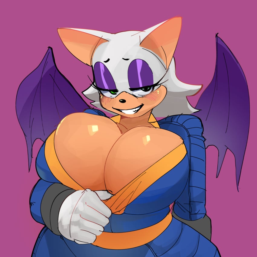 1girls anthro bedroom_eyes big_breasts breasts bursting_breasts clothing eyeshadow fallout female female_only green_eyes huge_breasts makeup mcflarey narrowed_eyes presenting rouge_the_bat seductive seductive_eyes seductive_smile smile solo sonic_(series) unzipping vault_suit video_games wings