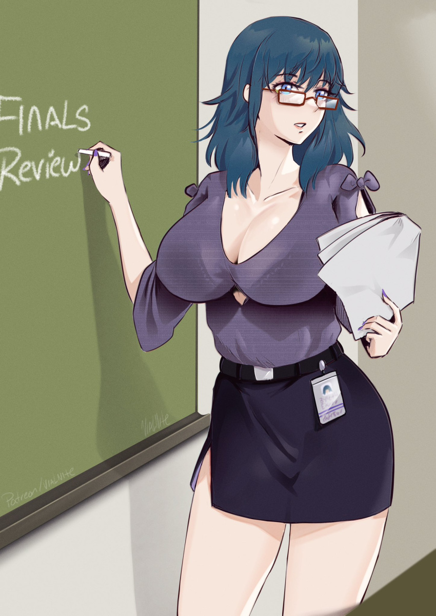 1girls alternate_costume blue_eyes blue_hair bra breasts byleth_(fire_emblem) byleth_(fire_emblem)_(female) chalk chalkboard cleavage clothed female female_only fire_emblem fire_emblem:_three_houses glasses highres holding holding_chalk holding_paper large_breasts light-skinned_female light_skin long_hair nintendo paper parted_lips pencil_skirt purple_nails see-through skirt solo teacher thighs vialnite