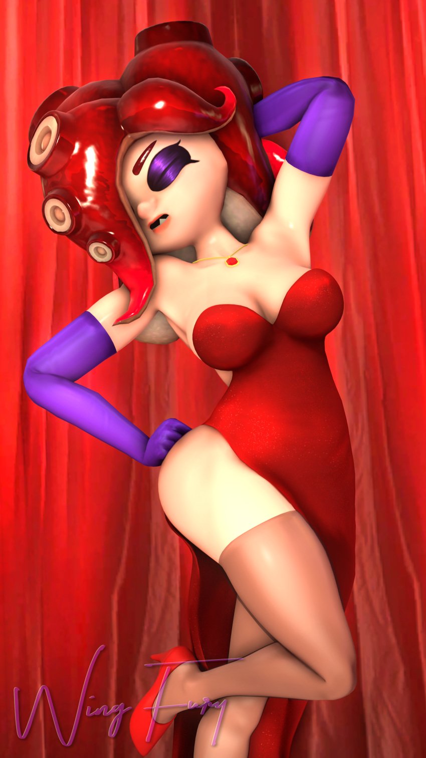 3d 3d_(artwork) crossover dress jessica_rabbit_(cosplay) octoling octoling_girl red_hair sheila_(wingfury) splatoon who_framed_roger_rabbit wing_fury