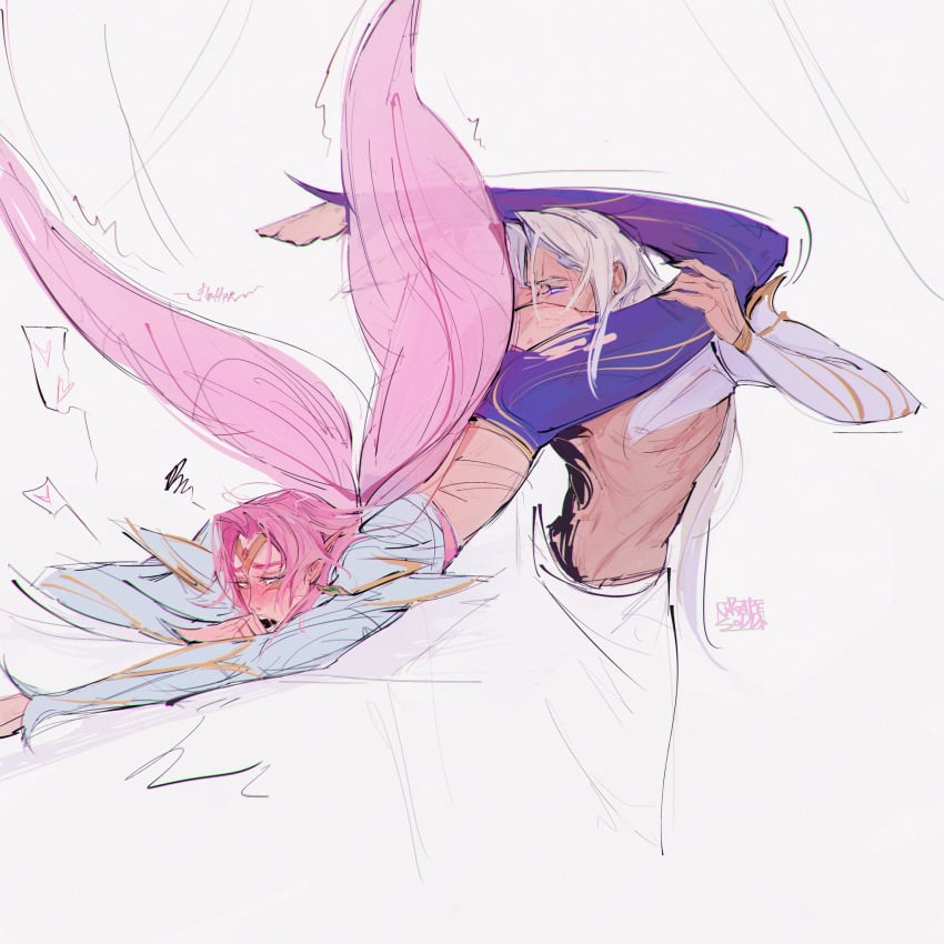 ass blush chaos_and_order_series clothed clothing ezreal faerie_court_ezreal faerie_court_series femboy feminine_male gay grapesodda kayn league_of_legends long_hair male male/male nightbringer_kayn_prestige_edition pink_hair pink_wings ripped_pants sucking tattoo twink white_hair wings yaoi