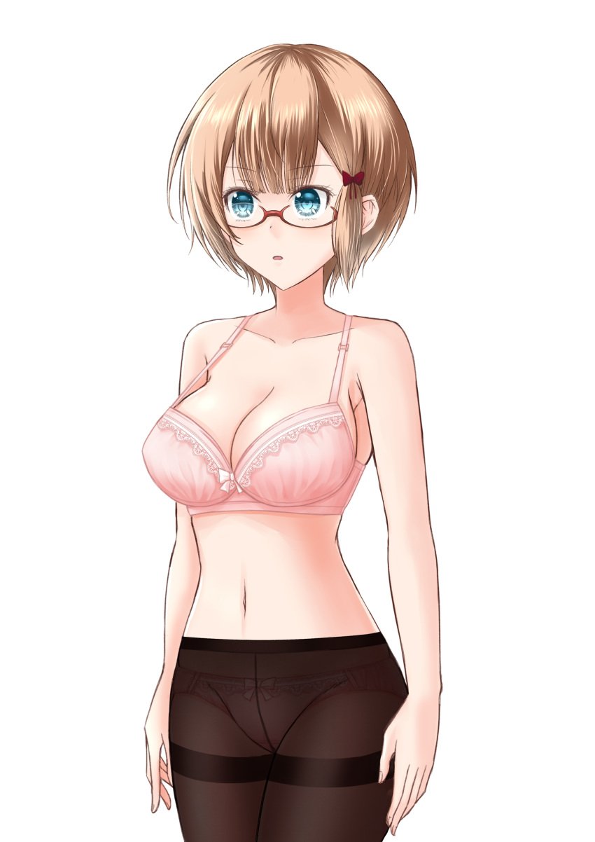 1girls bespectacled bokutachi_wa_benkyou_ga_dekinai bra breasts female_only glasses mostly_nude ogata_rizu_(bokuben) panties panties_under_pantyhose pantyhose short_hair solo standing