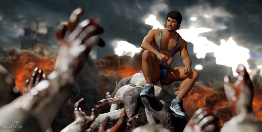 1boy 1human 3d 3d_model big_penis black_hair brown_eyes capcom daemoncollection dead_rising dead_rising_3 huge_cock hung lean_body lean_muscle male male_focus male_only male_pov mankini nick_ramos outdoors outside scantily_clad scar_on_face solo solo_male tan-skinned_male tan_skin zombie zombie_apocalypse