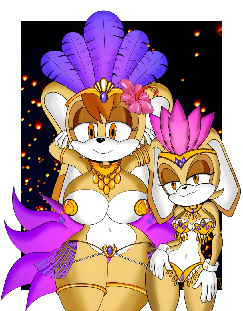 2girls big_breasts breasts carnival_outfit cream_the_rabbit dancer_outfit female_focus furry furry_female hips looking_at_viewer mobian mobian_monster mother_and_daughter pasties samba sega small_breasts sonic_(series) sonic_the_hedgehog_(series) vanilla_the_rabbit